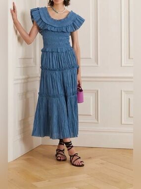 Sea New York Micah Ocean Tiered Midi Dress NWT Ramie Smocked Ruffled Neckline XL